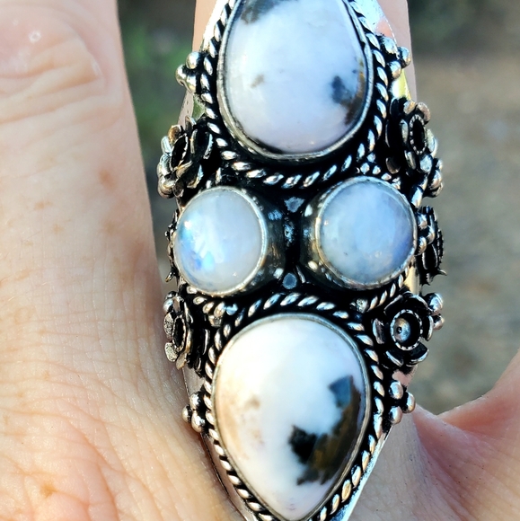 New Zebra Jasper and Rainbow Moonstone 925 Silver Statement Ring. - Picture 11 of 16
